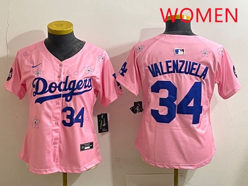 Women Los Angeles Dodgers #34 Valenzuela Pink Sakura Edition 2025 Nike MLB Jersey style 33->women mlb jersey->Women Jersey